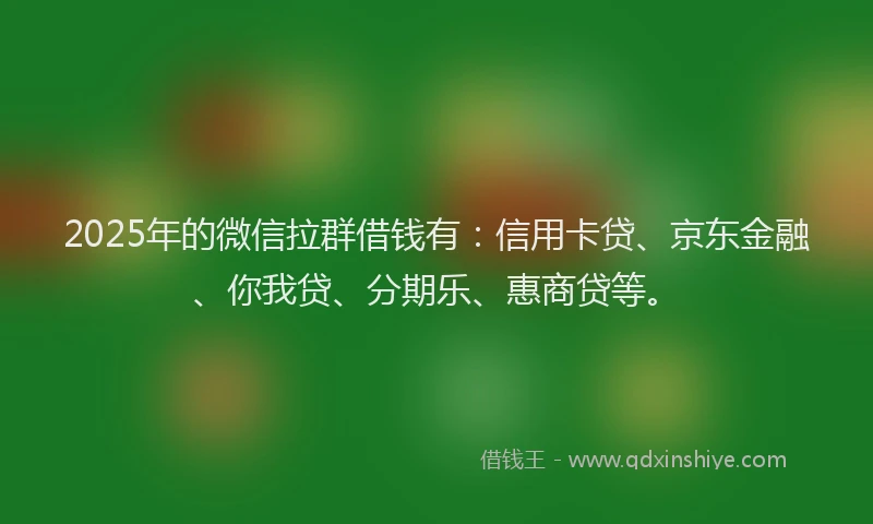 2025年的微信拉群借钱有：信用卡贷、京东金融、你我贷、分期乐、惠商贷等。