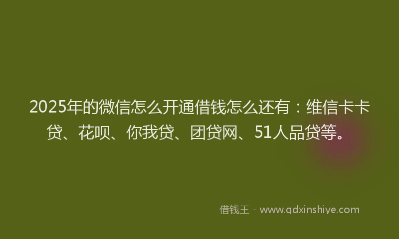 2025年的微信怎么开通借钱怎么还有：维信卡卡贷、花呗、你我贷、团贷网、51人品贷等。