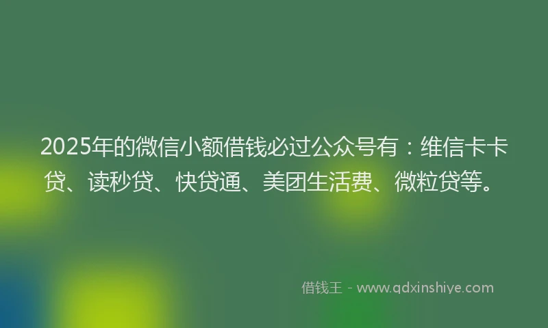 2025年的微信小额借钱必过公众号有：维信卡卡贷、读秒贷、快贷通、美团生活费、微粒贷等。