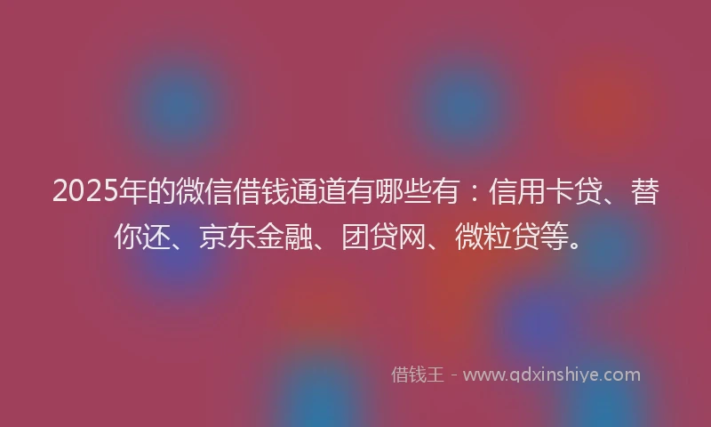 2025年的微信借钱通道有哪些有：信用卡贷、替你还、京东金融、团贷网、微粒贷等。