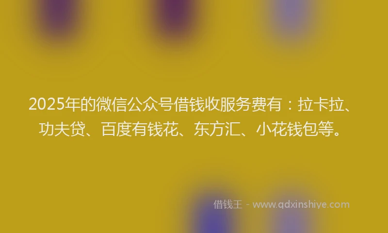 2025年的微信公众号借钱收服务费有：拉卡拉、功夫贷、百度有钱花、东方汇、小花钱包等。