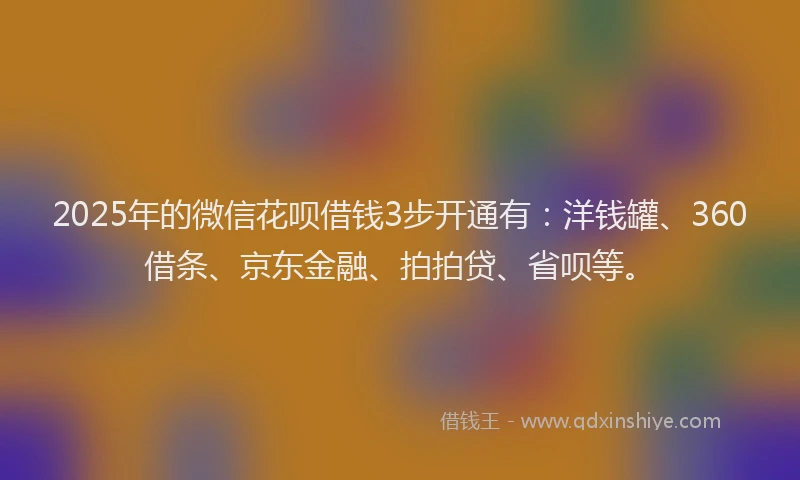 2025年的微信花呗借钱3步开通有：洋钱罐、360借条、京东金融、拍拍贷、省呗等。
