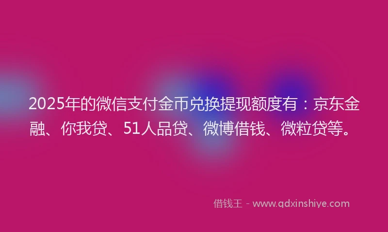 2025年的微信支付金币兑换提现额度有：京东金融、你我贷、51人品贷、微博借钱、微粒贷等。