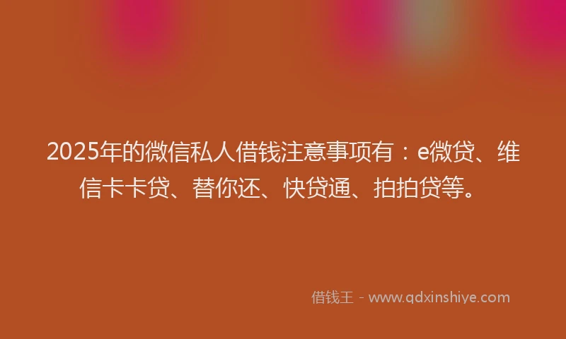 2025年的微信私人借钱注意事项有：e微贷、维信卡卡贷、替你还、快贷通、拍拍贷等。