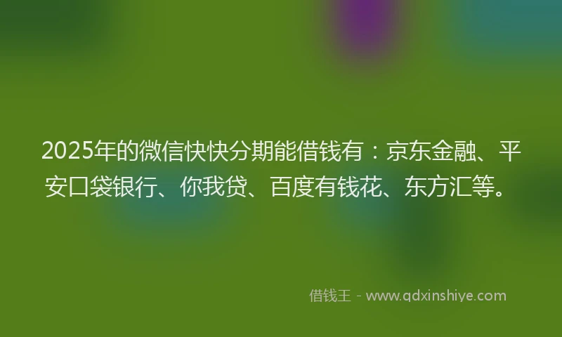 2025年的微信快快分期能借钱有：京东金融、平安口袋银行、你我贷、百度有钱花、东方汇等。