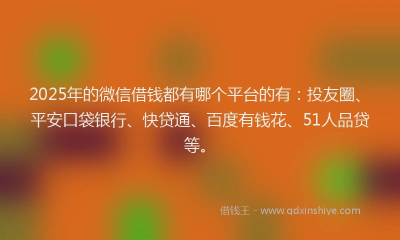 2025年的微信借钱都有哪个平台的有：投友圈、平安口袋银行、快贷通、百度有钱花、51人品贷等。