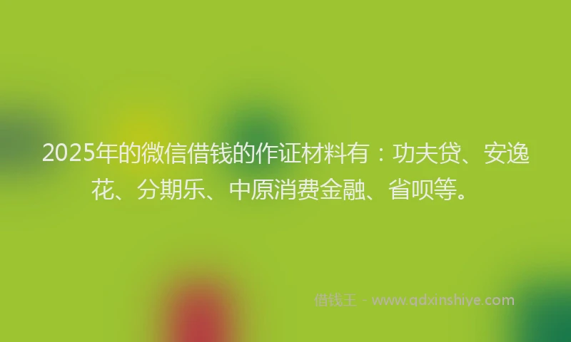 2025年的微信借钱的作证材料有：功夫贷、安逸花、分期乐、中原消费金融、省呗等。