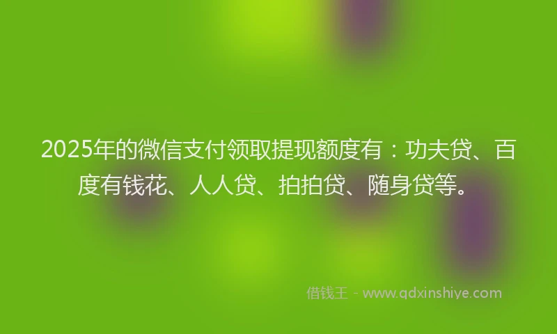2025年的微信支付领取提现额度有：功夫贷、百度有钱花、人人贷、拍拍贷、随身贷等。