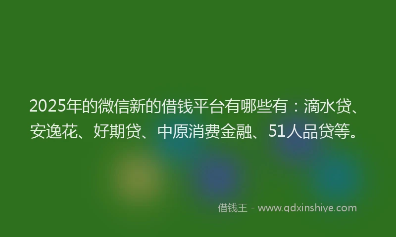 2025年的微信新的借钱平台有哪些有：滴水贷、安逸花、好期贷、中原消费金融、51人品贷等。