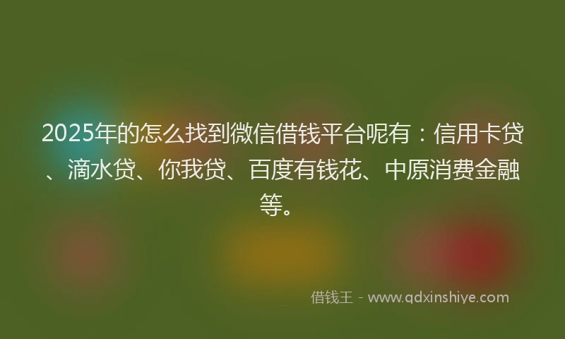 2025年的怎么找到微信借钱平台呢有：信用卡贷、滴水贷、你我贷、百度有钱花、中原消费金融等。