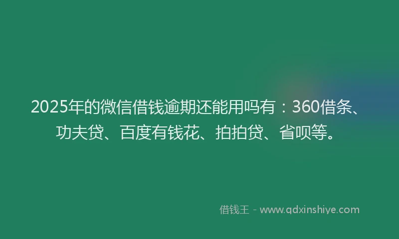 2025年的微信借钱逾期还能用吗有：360借条、功夫贷、百度有钱花、拍拍贷、省呗等。
