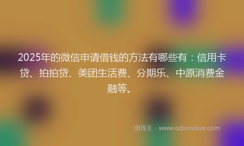 2025年的微信申请借钱的方法有哪些有：信用卡贷、拍拍贷、美团生活费、分期乐、中原消费金融等。