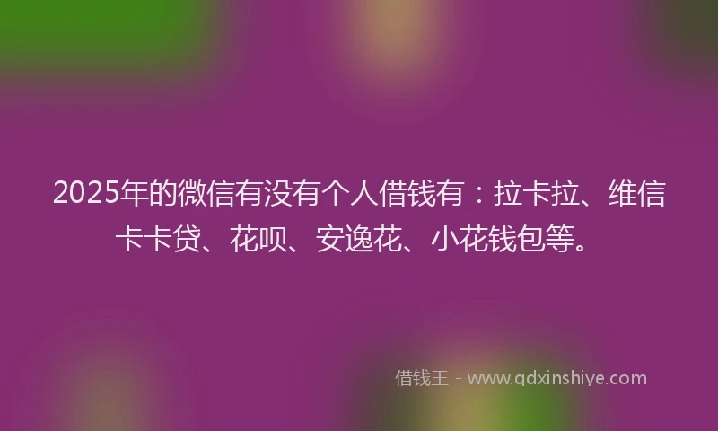 2025年的微信有没有个人借钱有：拉卡拉、维信卡卡贷、花呗、安逸花、小花钱包等。