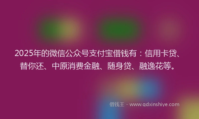 2025年的微信公众号支付宝借钱有：信用卡贷、替你还、中原消费金融、随身贷、融逸花等。