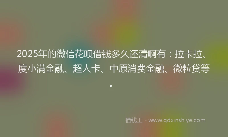 2025年的微信花呗借钱多久还清啊有：拉卡拉、度小满金融、超人卡、中原消费金融、微粒贷等。