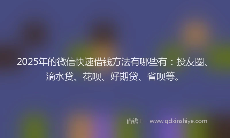 2025年的微信快速借钱方法有哪些有:投友圈、滴水贷、花呗、好期贷、省呗等。