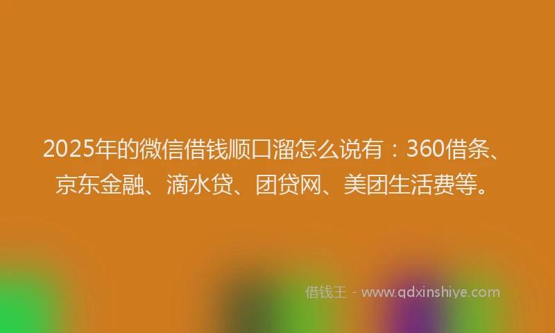2025年的微信借钱顺口溜怎么说有：360借条、京东金融、滴水贷、团贷网、美团生活费等。