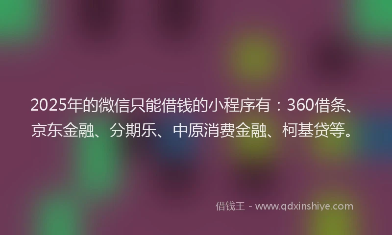 2025年的微信只能借钱的小程序有：360借条、京东金融、分期乐、中原消费金融、柯基贷等。