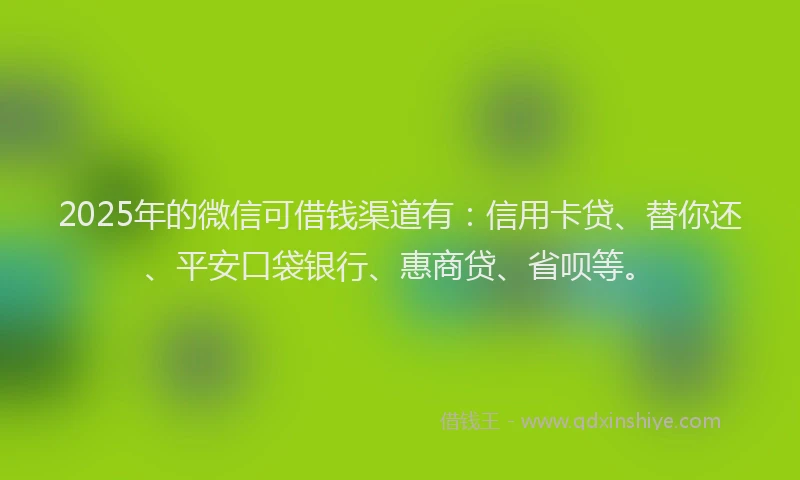 2025年的微信可借钱渠道有：信用卡贷、替你还、平安口袋银行、惠商贷、省呗等。