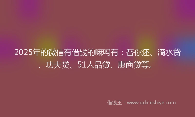 2025年的微信有借钱的嘛吗有：替你还、滴水贷、功夫贷、51人品贷、惠商贷等。