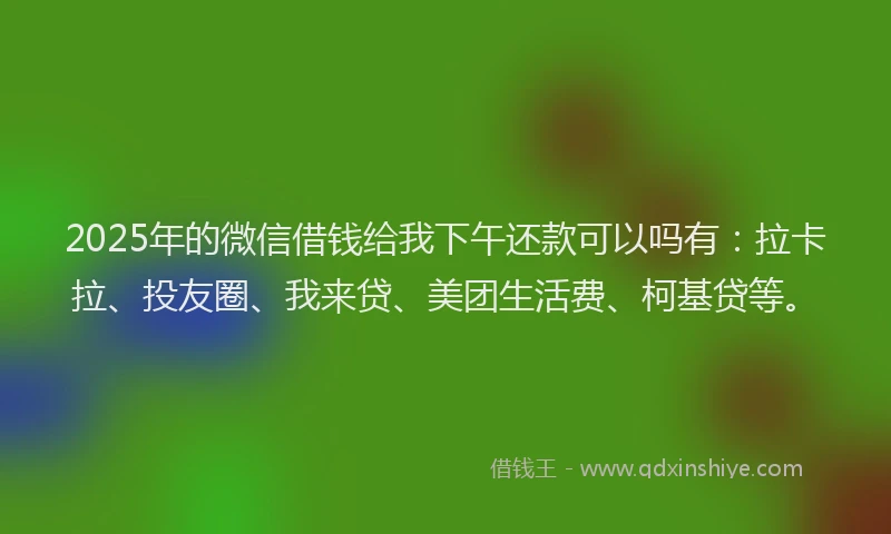 2025年的微信借钱给我下午还款可以吗有：拉卡拉、投友圈、我来贷、美团生活费、柯基贷等。