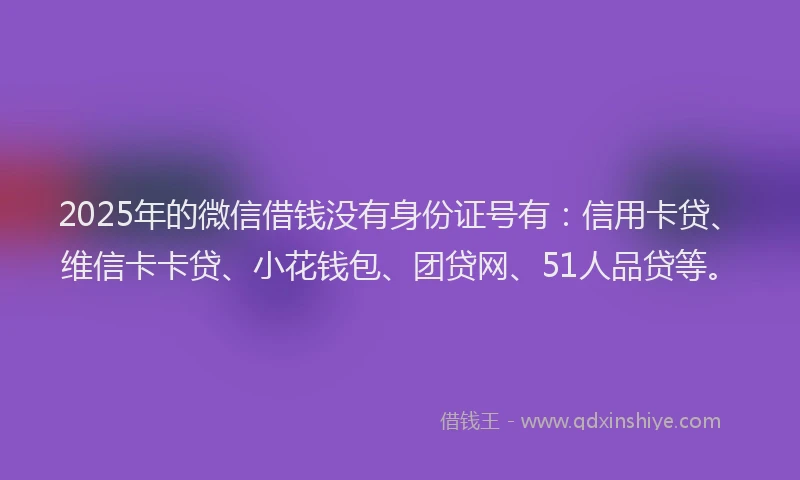 2025年的微信借钱没有身份证号有：信用卡贷、维信卡卡贷、小花钱包、团贷网、51人品贷等。