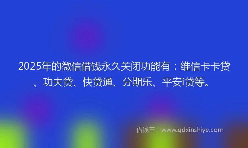2025年的微信借钱永久关闭功能有：维信卡卡贷、功夫贷、快贷通、分期乐、平安i贷等。