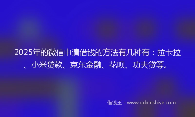 2025年的微信申请借钱的方法有几种有：拉卡拉、小米贷款、京东金融、花呗、功夫贷等。
