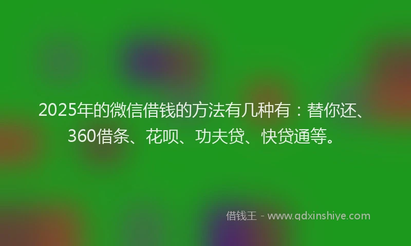 2025年的微信借钱的方法有几种有：替你还、360借条、花呗、功夫贷、快贷通等。