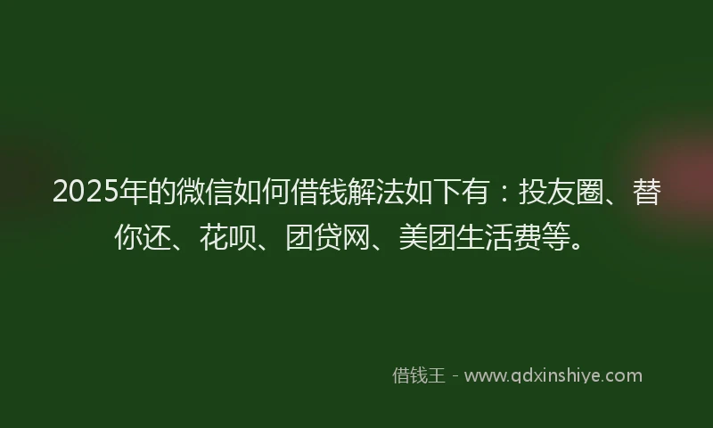 2025年的微信如何借钱解法如下有：投友圈、替你还、花呗、团贷网、美团生活费等。