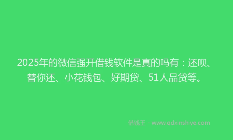 2025年的微信强开借钱软件是真的吗有：还呗、替你还、小花钱包、好期贷、51人品贷等。