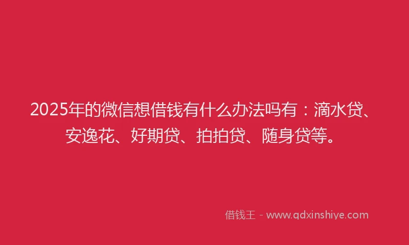 2025年的微信想借钱有什么办法吗有：滴水贷、安逸花、好期贷、拍拍贷、随身贷等。