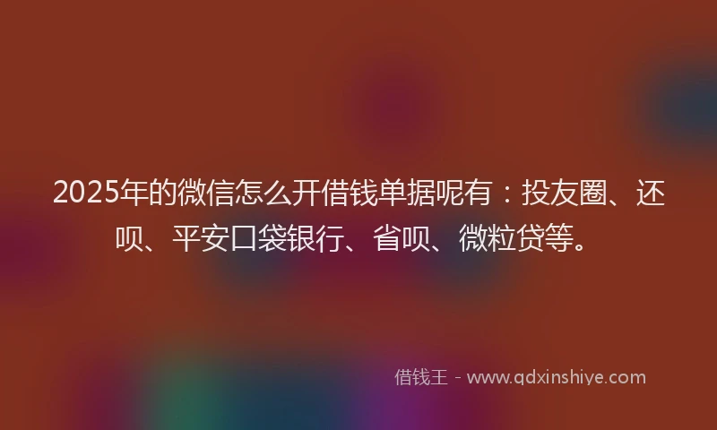 2025年的微信怎么开借钱单据呢有：投友圈、还呗、平安口袋银行、省呗、微粒贷等。