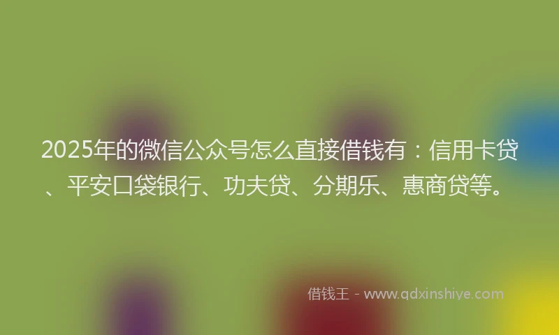 2025年的微信公众号怎么直接借钱有：信用卡贷、平安口袋银行、功夫贷、分期乐、惠商贷等。