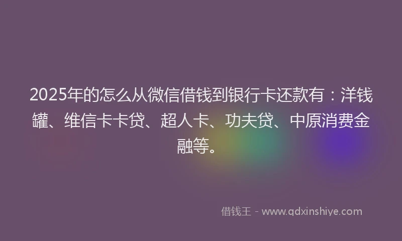 2025年的怎么从微信借钱到银行卡还款有：洋钱罐、维信卡卡贷、超人卡、功夫贷、中原消费金融等。