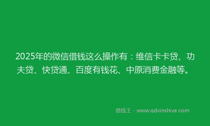 2025年的微信借钱这么操作有：维信卡卡贷、功夫贷、快贷通、百度有钱花、中原消费金融等。