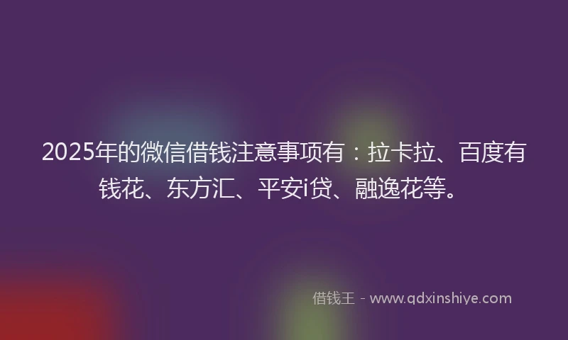 2025年的微信借钱注意事项有：拉卡拉、百度有钱花、东方汇、平安i贷、融逸花等。