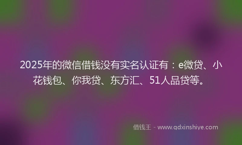 2025年的微信借钱没有实名认证有：e微贷、小花钱包、你我贷、东方汇、51人品贷等。