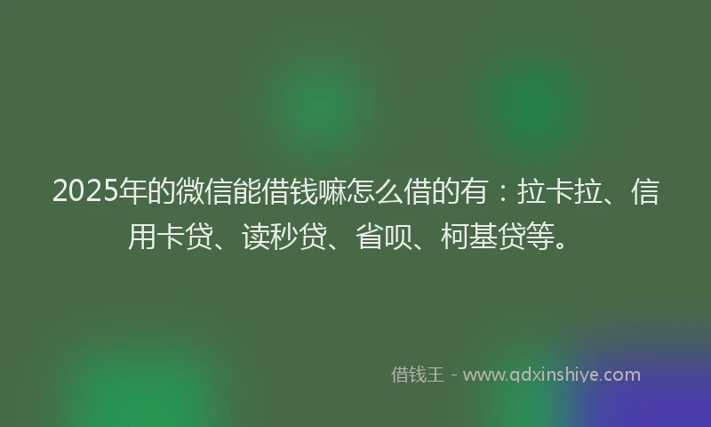 2025年的微信能借钱嘛怎么借的有：拉卡拉、信用卡贷、读秒贷、省呗、柯基贷等。