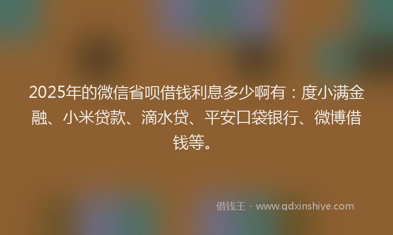 2025年的微信省呗借钱利息多少啊有：度小满金融、小米贷款、滴水贷、平安口袋银行、微博借钱等。