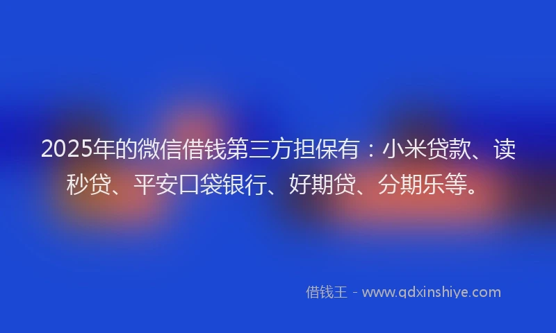 2025年的微信借钱第三方担保有：小米贷款、读秒贷、平安口袋银行、好期贷、分期乐等。