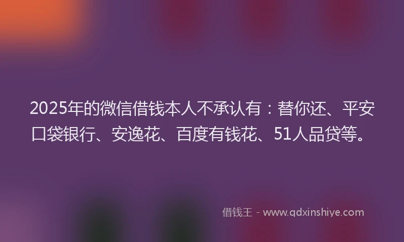 2025年的微信借钱本人不承认有：替你还、平安口袋银行、安逸花、百度有钱花、51人品贷等。