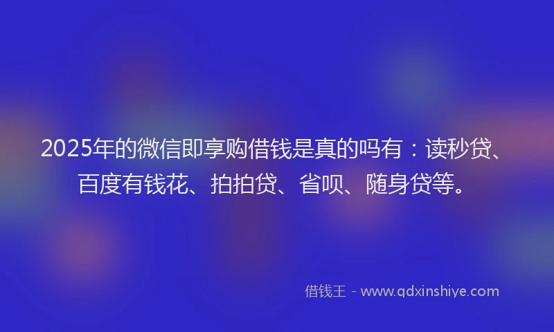 2025年的微信即享购借钱是真的吗有：读秒贷、百度有钱花、拍拍贷、省呗、随身贷等。