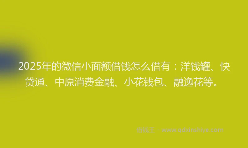 2025年的微信小面额借钱怎么借有：洋钱罐、快贷通、中原消费金融、小花钱包、融逸花等。