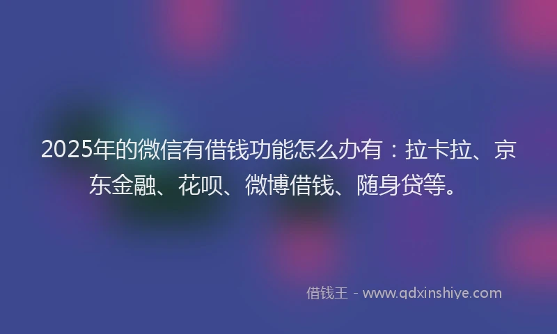 2025年的微信有借钱功能怎么办有：拉卡拉、京东金融、花呗、微博借钱、随身贷等。
