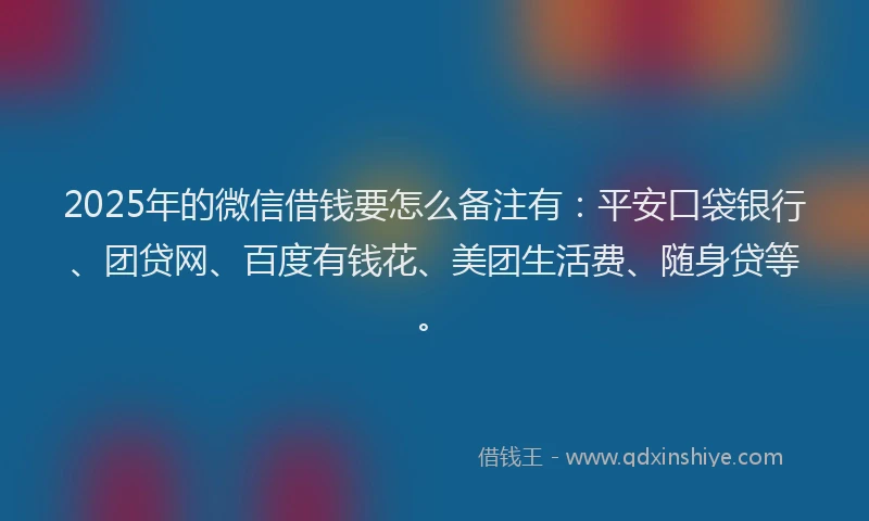 2025年的微信借钱要怎么备注有：平安口袋银行、团贷网、百度有钱花、美团生活费、随身贷等。