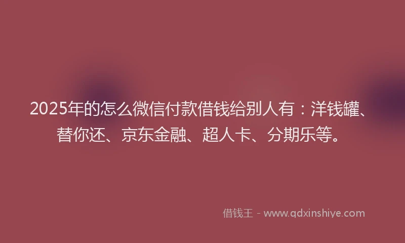 2025年的怎么微信付款借钱给别人有：洋钱罐、替你还、京东金融、超人卡、分期乐等。
