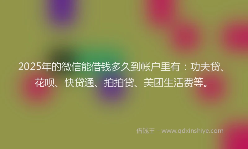 2025年的微信能借钱多久到帐户里有：功夫贷、花呗、快贷通、拍拍贷、美团生活费等。