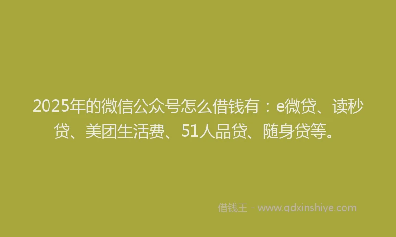 2025年的微信公众号怎么借钱有：e微贷、读秒贷、美团生活费、51人品贷、随身贷等。