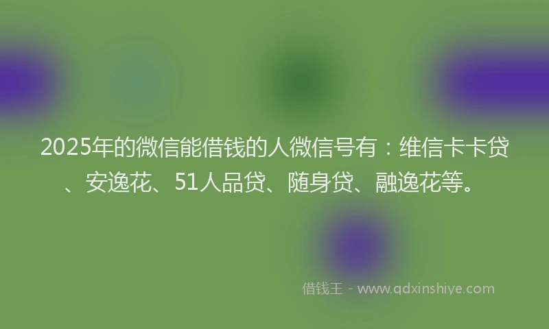 2025年的微信能借钱的人微信号有：维信卡卡贷、安逸花、51人品贷、随身贷、融逸花等。